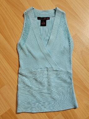Sleeveless Halter in Light Turquoise Silk Blend Beautiful Iridescent Beading